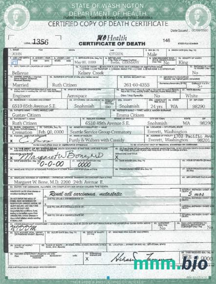 USA Washington state śmierć certyfikat szablon w formacie PSD, fully editable, wersja 2